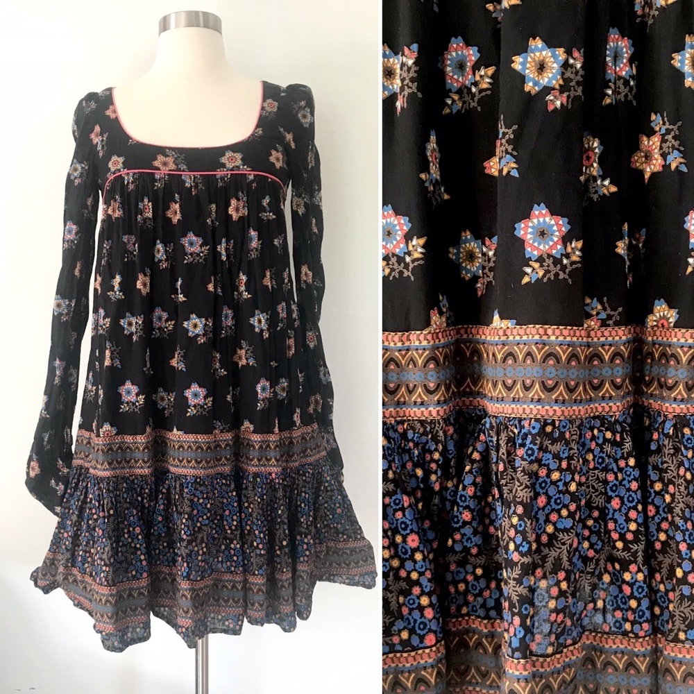French Connection black rainbow star gauze boho peasant dress